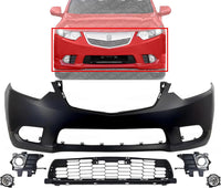 Front Bumper Cover Primed Plastic + Lower Grille + Fog Light + Trim & Molding Left Driver & Right Passenger Side Direct Replacement Compatible With 2011-2014 Acura TSX