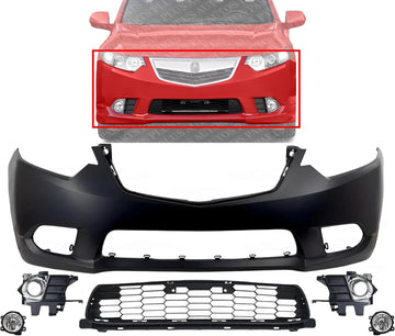 Front Bumper Cover Primed Plastic + Lower Grille + Fog Light + Trim & Molding Left Driver & Right Passenger Side Direct Replacement Compatible With 2011-2014 Acura TSX