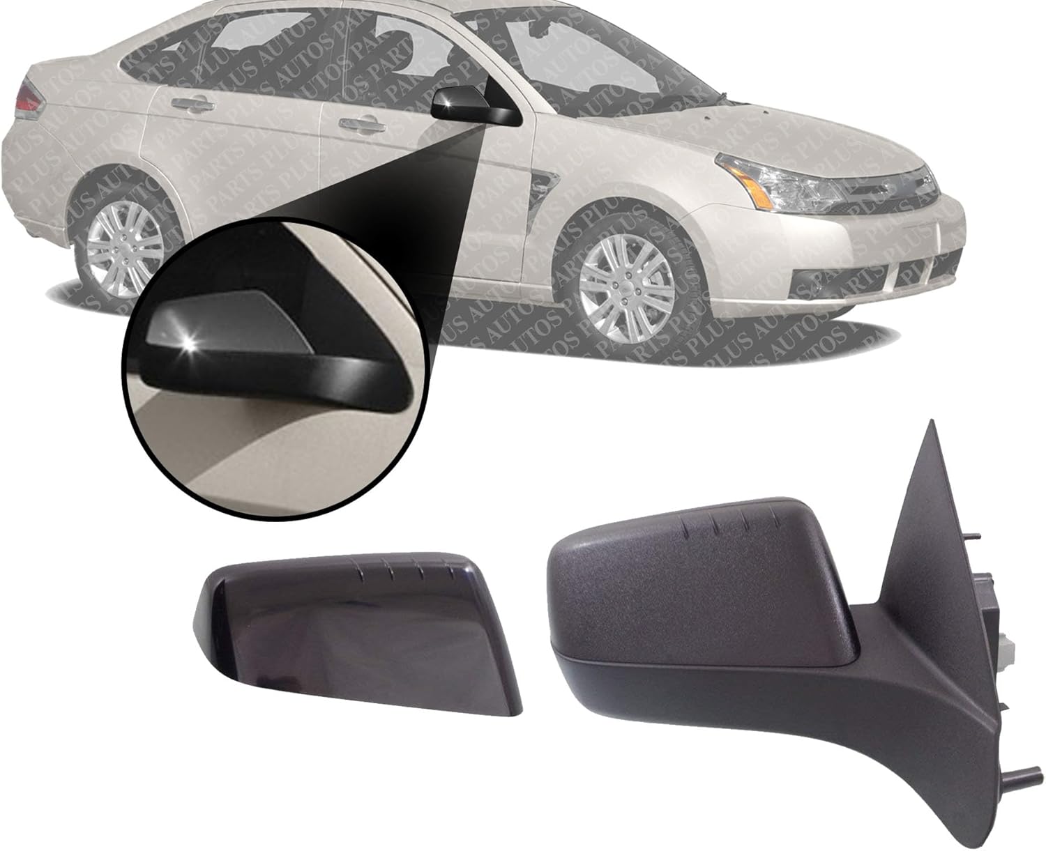 Front Power Mirror Non-Folding Heated With Primed & Textured 2 Caps Direct Replacement Compatible With 2008-2011 Ford Focus FO1321317 FO1321331 8S4Z17682CA-PFM