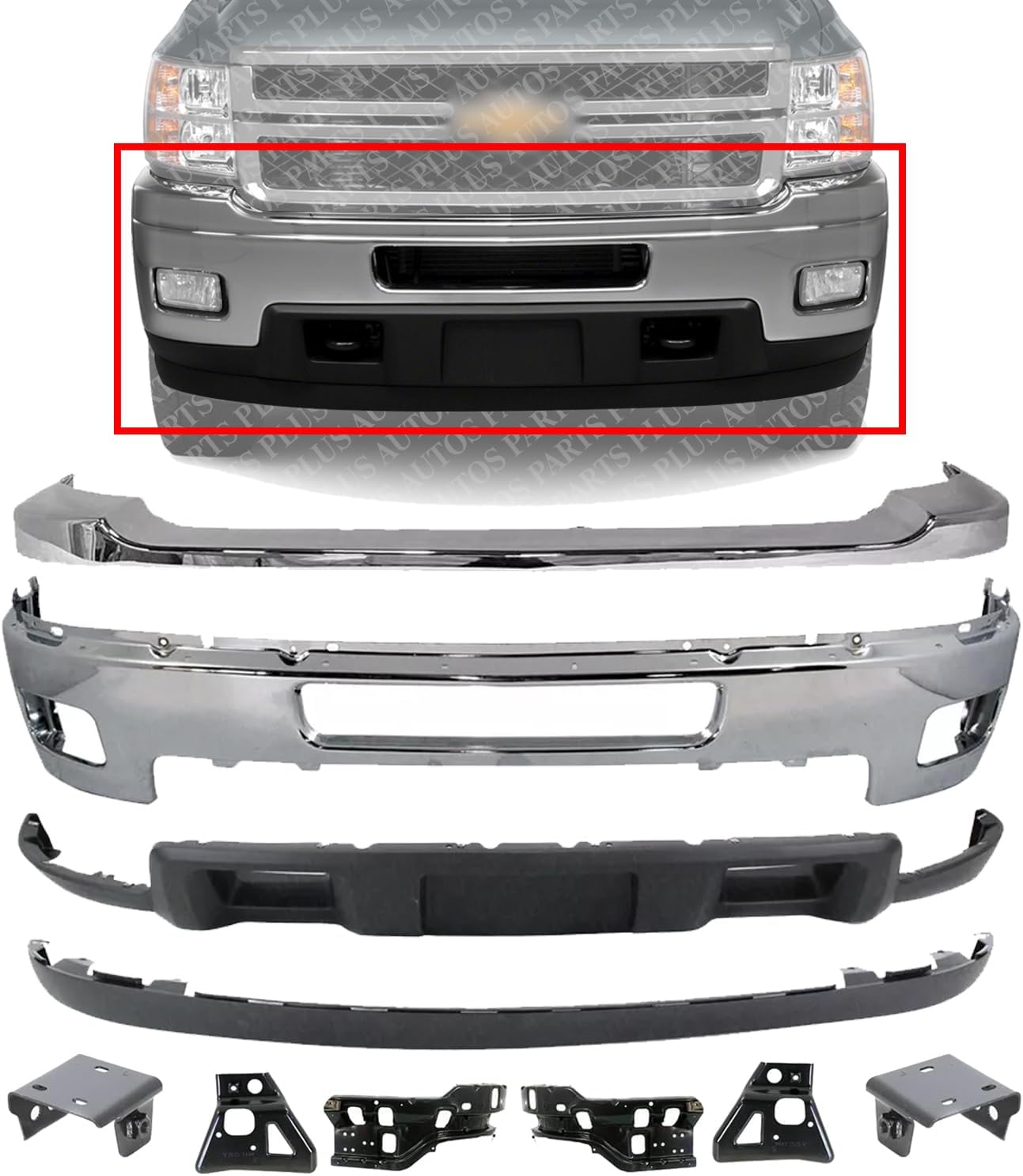 Front Bumper + Upper Cover Chrome + Lower Valance + Extension Textured + Set Of 6 Bracket Left & Right Side Direct Replacement Compatible With Chevy Silverado 2500HD 3500HD 2011-2014