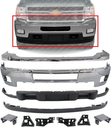 Front Bumper + Upper Cover Chrome + Lower Valance + Extension Textured + Set Of 6 Bracket Left & Right Side Direct Replacement Compatible With Chevy Silverado 2500HD 3500HD 2011-2014