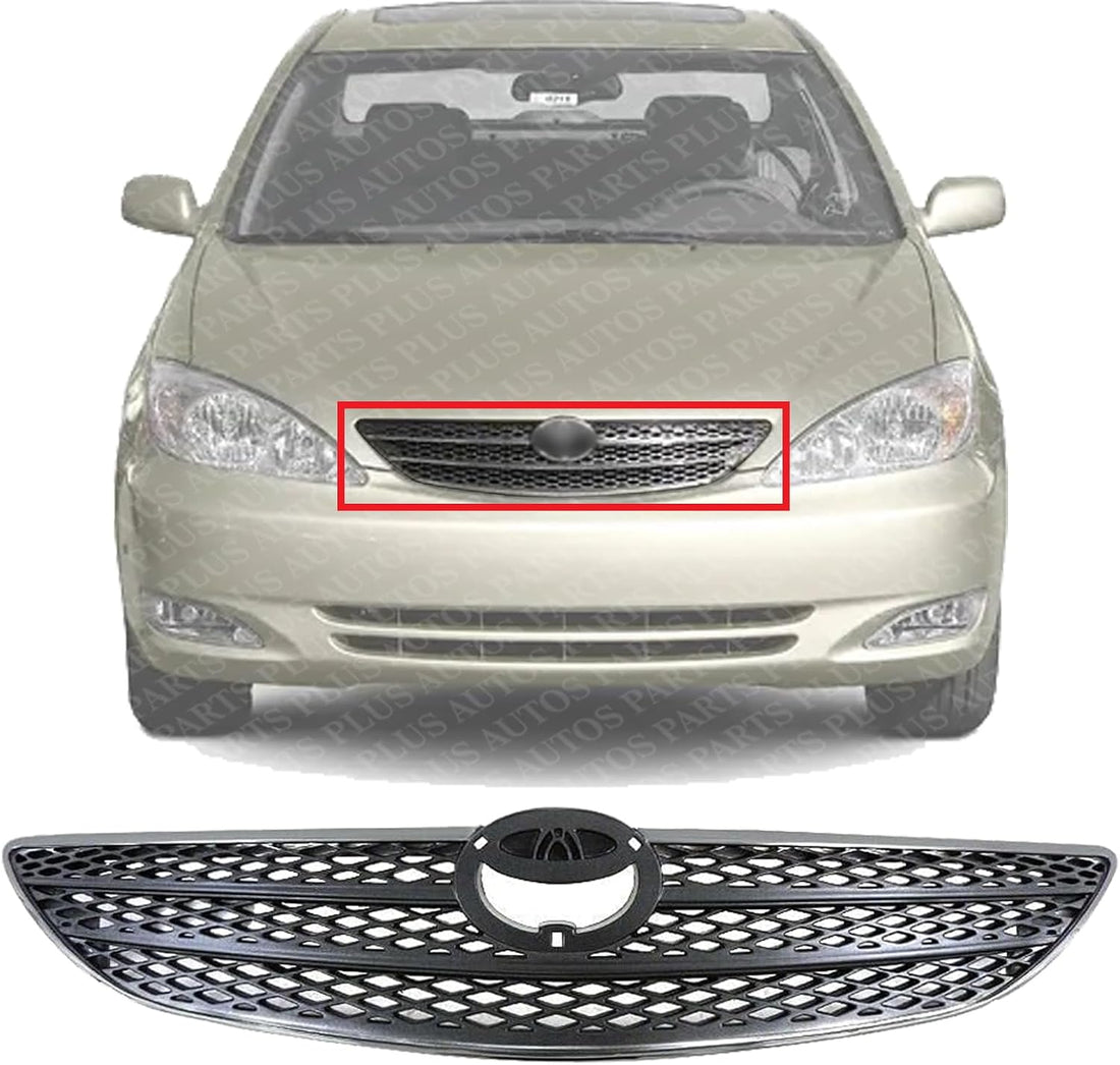 Front Grille Assembly Chrome Shell & Painted Silver Insert Plastic Direct Replacement Compatible With 2002-2004 Toyota Camry TO1200237 53101AA030