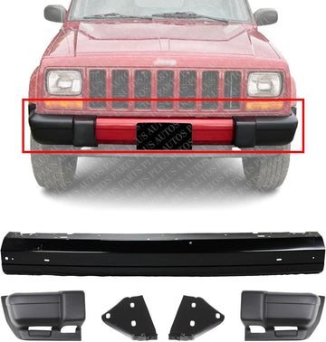 Front Bumper Face Bar Primed + End Caps Textured + Mounting Brackets Left Driver & Right Passenger Side Direct Replacement Compatible With 1997-2001 Jeep Cherokee CH1004126 CH1005126