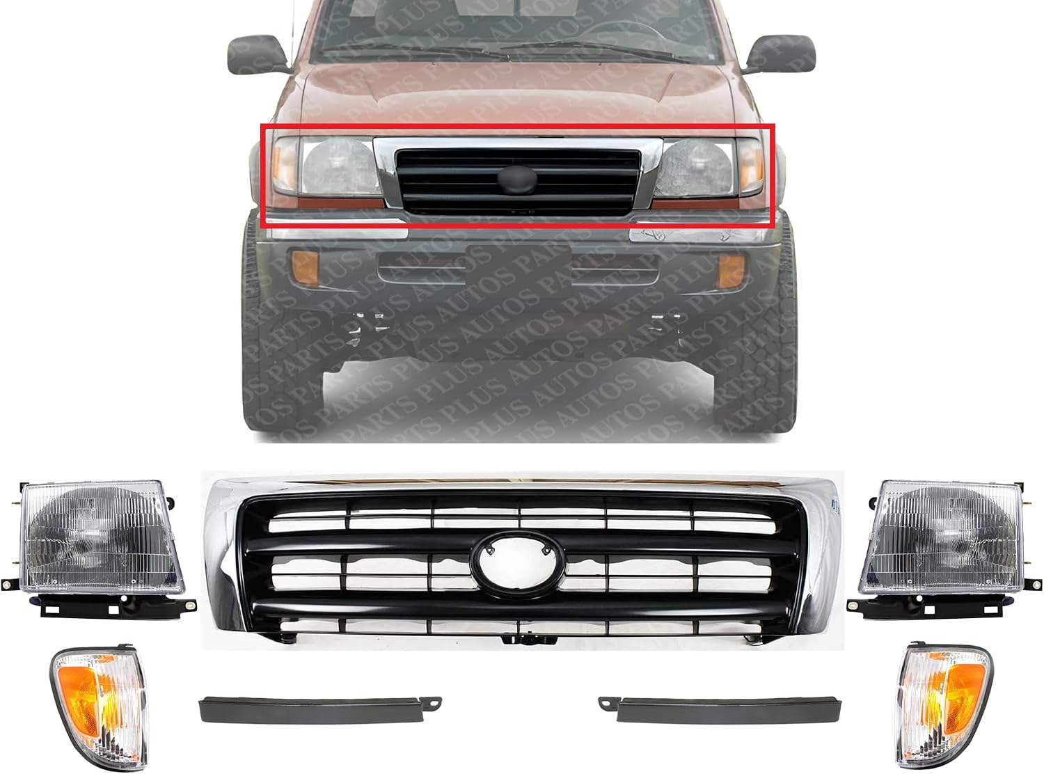 Front Grille Chrome Shell & Painted Dark Argent Insert + Fillers + Corner Lights + Headlights + Brackets Left & Right Side Direct Replacement Compatible With 1998-2000 Toyota Tacoma