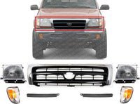 Front Grille Chrome Shell & Painted Dark Argent Insert + Fillers + Corner Lights + Headlights + Brackets Left & Right Side Direct Replacement Compatible With 1998-2000 Toyota Tacoma