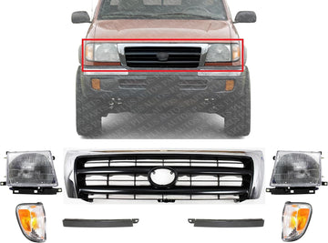 Front Grille Chrome Shell & Painted Dark Argent Insert + Fillers + Corner Lights + Headlights + Brackets Left & Right Side Direct Replacement Compatible With 1998-2000 Toyota Tacoma
