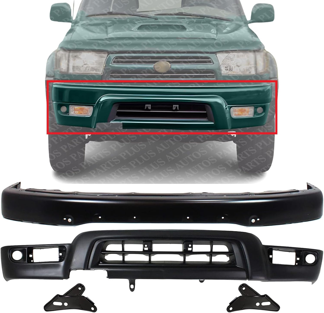 Front Bumper Steel + Lower Valance Panel Primed + Arm Mounting Brackets Left Driver And Right Passenger Side Direct Replacement Compatible With Toyota 4Runner 1999-2002 TO1002166