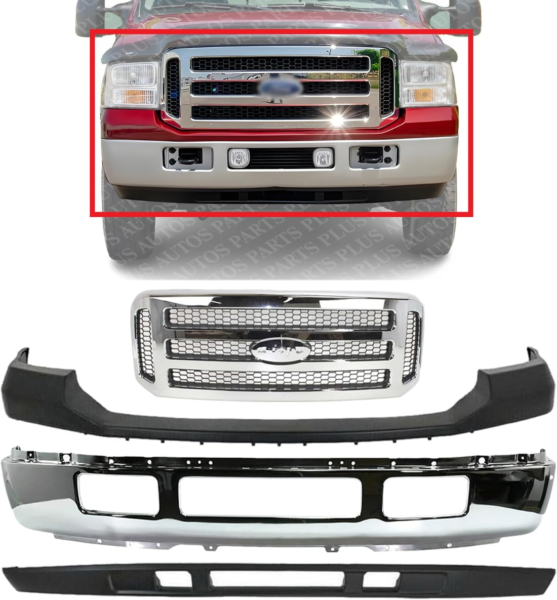 Front Bumper Steel + Grille Chrome + Upper Cover Primed + Lower Valance Panel Textured Direct Replacement Compatible With 2005-2007 Ford F-Series Super Duty FO1057292 FO1200456