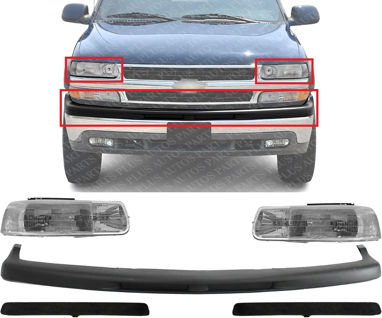Front Bumper Face Bar Upper Cover + Headlights Assembly + Moldings Left Driver & Right Passenger Side Direct Replacement Compatible With 2000-2006 Chevrolet Tahoe/Suburban GM1051103