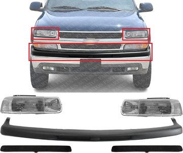 Front Bumper Face Bar Upper Cover + Headlights Assembly + Moldings Left Driver & Right Passenger Side Direct Replacement Compatible With 2000-2006 Chevrolet Tahoe/Suburban GM1051103