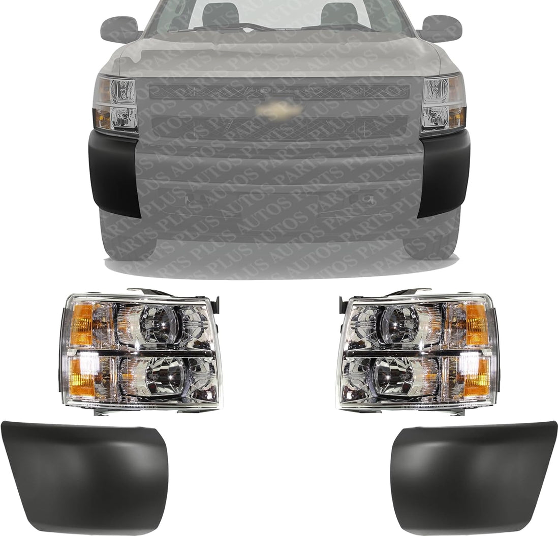Front Bumper End Cap Textured Without Fog Light Holes + Headlight Assembly Left & Right Side Direct Replacement Compatible With 2007-2013 Chevrolet Silverado 1500 GM1004146 GM1005146