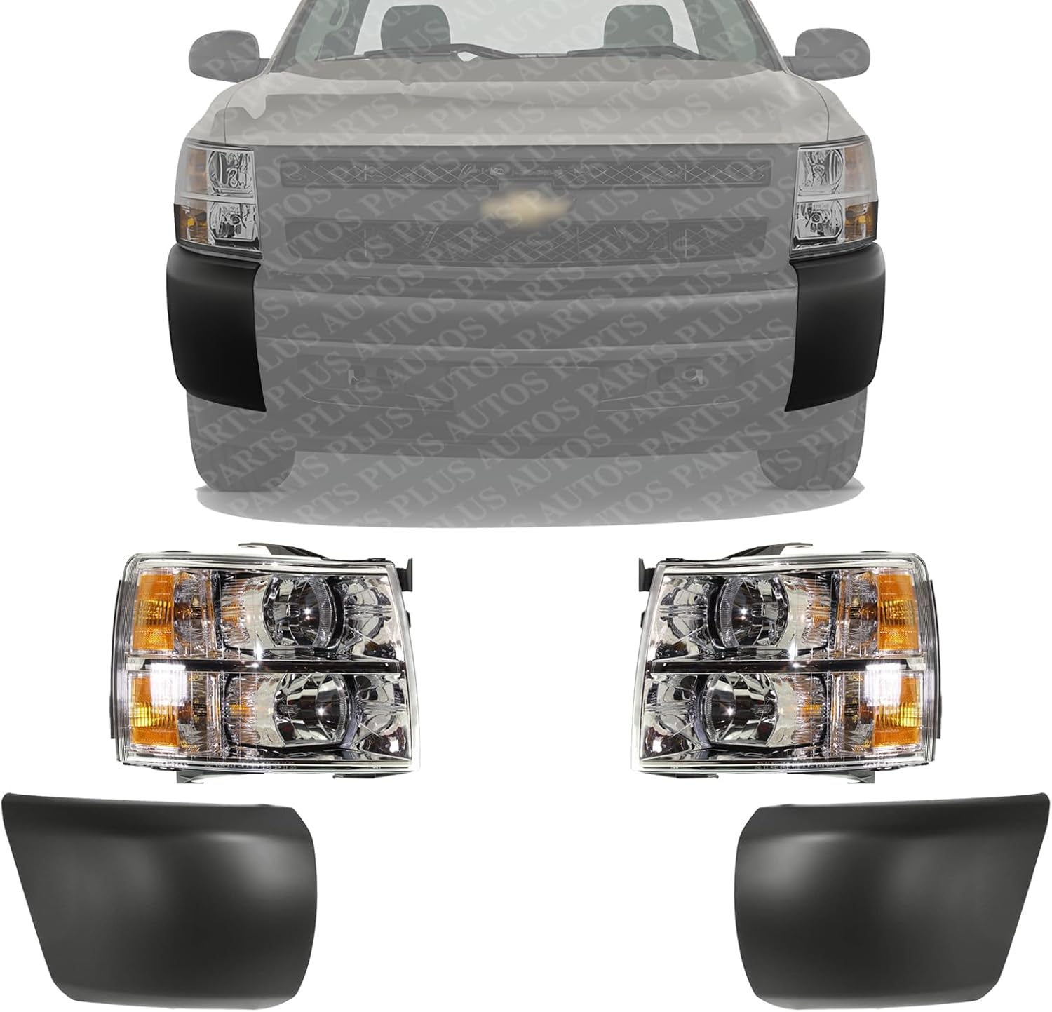 Front Bumper End Cap Textured Without Fog Light Holes + Headlight Assembly Left & Right Side Direct Replacement Compatible With 2007-2013 Chevrolet Silverado 1500 GM1004146 GM1005146