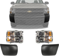 Front Bumper End Cap Textured Without Fog Light Holes + Headlight Assembly Left & Right Side Direct Replacement Compatible With 2007-2013 Chevrolet Silverado 1500 GM1004146 GM1005146