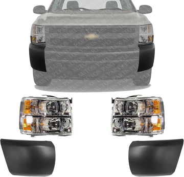 Front Bumper End Cap Textured Without Fog Light Holes + Headlight Assembly Left & Right Side Direct Replacement Compatible With 2007-2013 Chevrolet Silverado 1500 GM1004146 GM1005146