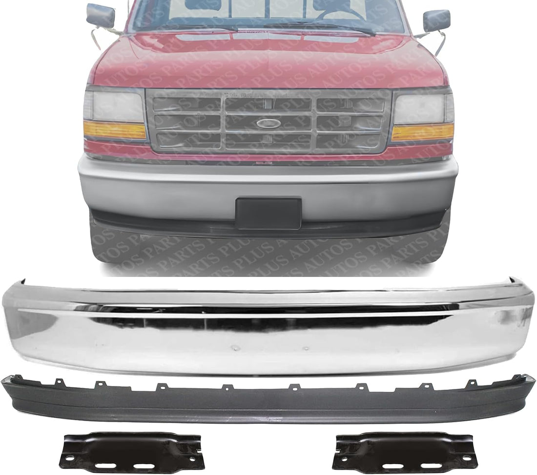 Front Bumper Face Bar Chrome Without Molding Holes + Lower Valance Panel Textured + Mounting Arm Brackets Left & Right Side Direct Replacement Compatible With 1992-1997 Ford F-Series