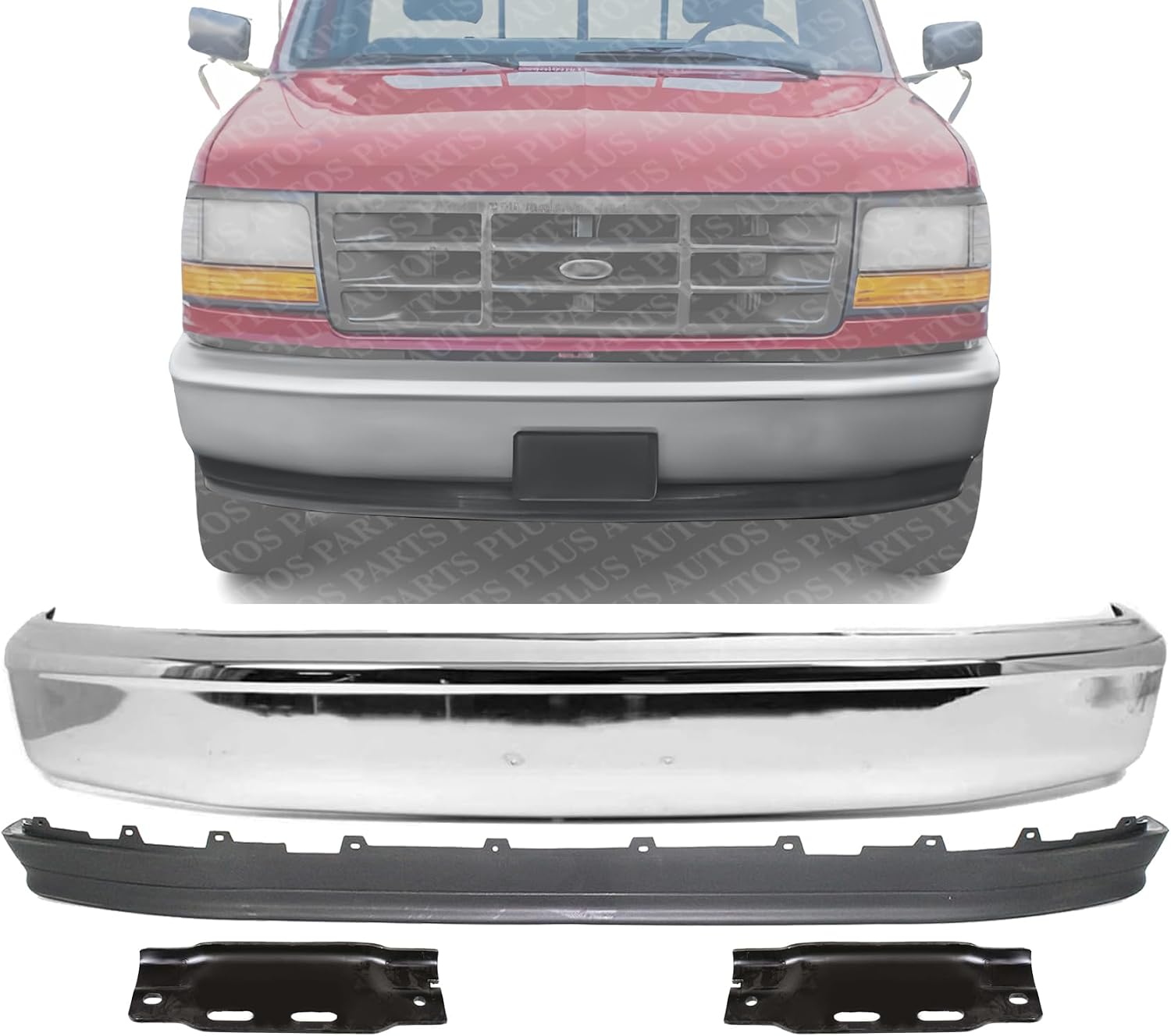 Front Bumper Face Bar Chrome Without Molding Holes + Lower Valance Panel Textured + Mounting Arm Brackets Left & Right Side Direct Replacement Compatible With 1992-1997 Ford F-Series