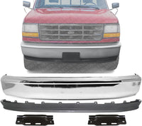 Front Bumper Face Bar Chrome Without Molding Holes + Lower Valance Panel Textured + Mounting Arm Brackets Left & Right Side Direct Replacement Compatible With 1992-1997 Ford F-Series