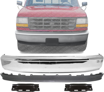 Front Bumper Face Bar Chrome Without Molding Holes + Lower Valance Panel Textured + Mounting Arm Brackets Left & Right Side Direct Replacement Compatible With 1992-1997 Ford F-Series