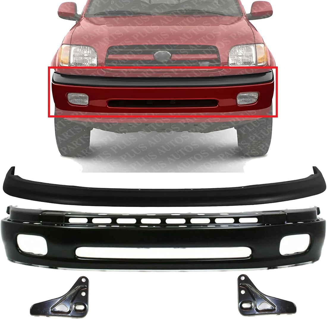 Front Bumper Primed Steel + Upper Cover Textured + Bumper Mounting Bracket Left Driver And Right Passenger Side Direct Replacement Compatible With 2000-2006 Toyota Tundra TO1002171