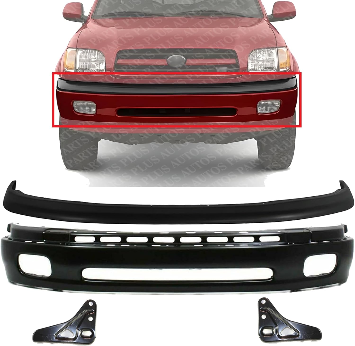 Front Bumper Primed Steel + Upper Cover Textured + Bumper Mounting Bracket Left Driver And Right Passenger Side Direct Replacement Compatible With 2000-2006 Toyota Tundra TO1002171