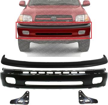 Front Bumper Primed Steel + Upper Cover Textured + Bumper Mounting Bracket Left Driver And Right Passenger Side Direct Replacement Compatible With 2000-2006 Toyota Tundra TO1002171