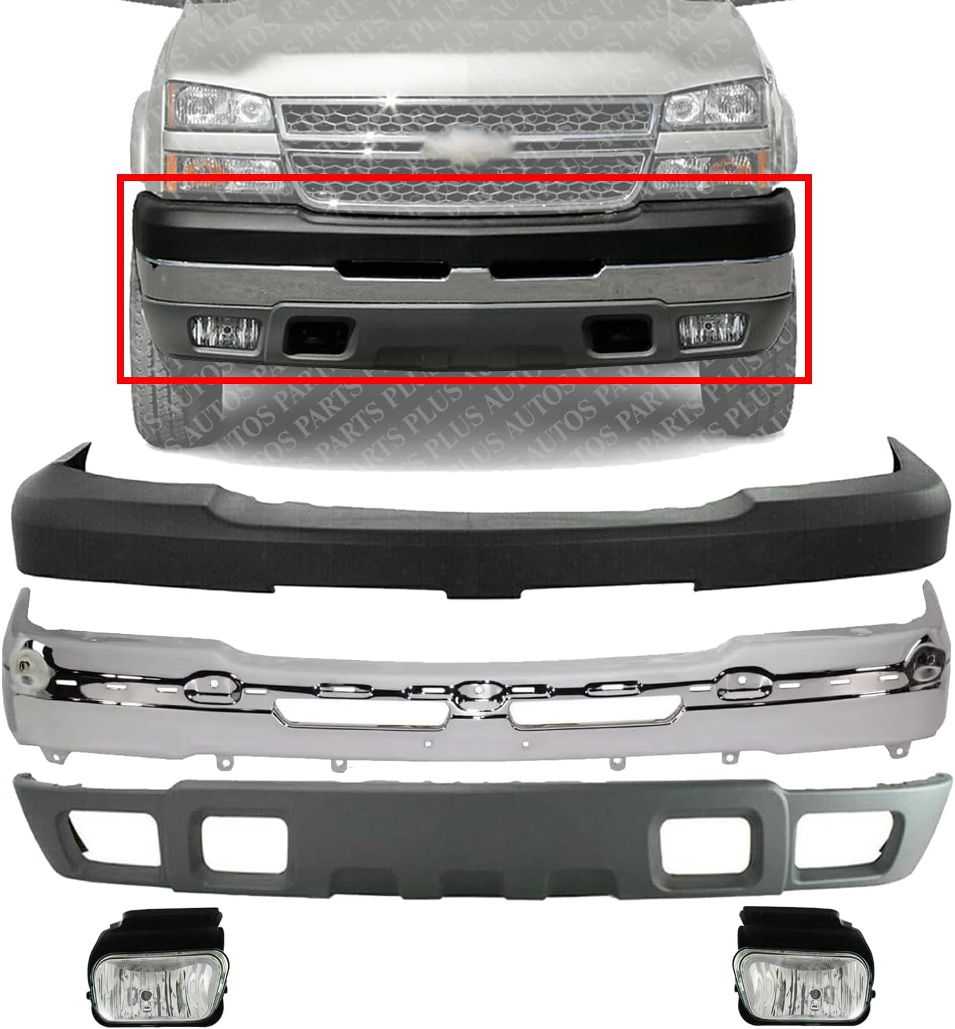 Front Bumper Chrome + Upper Cover + Lower Valance Textured Gray + Fog Lights Right & Left Side Direct Replacement Compatible With Chevrolet Silverado 2500HD 3500HD 2003-2006 GM1051109
