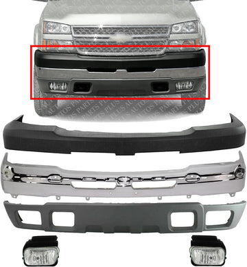 Front Bumper Chrome + Upper Cover + Lower Valance Textured Gray + Fog Lights Right & Left Side Direct Replacement Compatible With Chevrolet Silverado 2500HD 3500HD 2003-2006 GM1051109