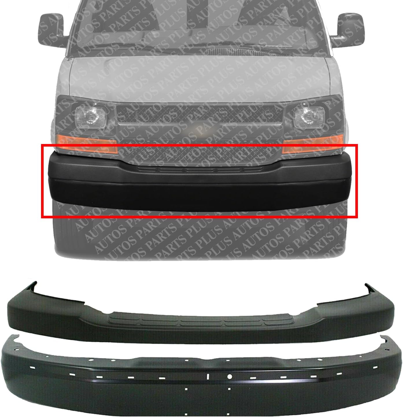 Front Bumper Face Bar Primed Steel + Upper Cover Textured Direct Replacement Compatible With 2003-2017 Chevrolet Express/GMC Savana Van GM1000693 GM1002425 22872781 22890548