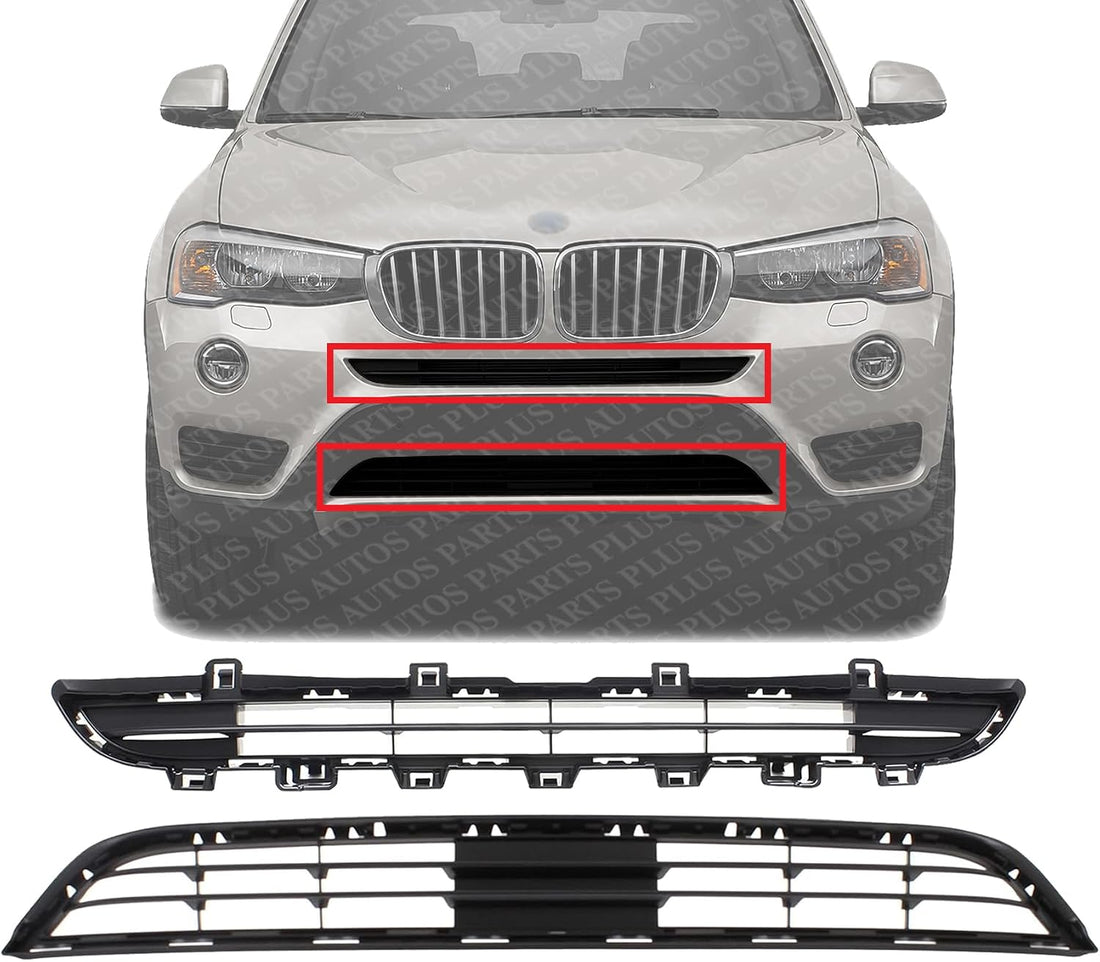 Front Bumper Center Upper + Lower Grille Textured Plastic Direct Replacement Compatible With 2015-2017 BMW X3 BM1036163 BM1036161 51117338476 51117338493