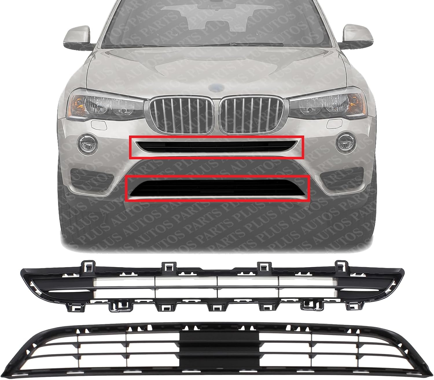 Front Bumper Center Upper + Lower Grille Textured Plastic Direct Replacement Compatible With 2015-2017 BMW X3 BM1036163 BM1036161 51117338476 51117338493