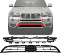 Front Bumper Center Upper + Lower Grille Textured Plastic Direct Replacement Compatible With 2015-2017 BMW X3 BM1036163 BM1036161 51117338476 51117338493