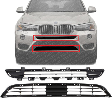 Front Bumper Center Upper + Lower Grille Textured Plastic Direct Replacement Compatible With 2015-2017 BMW X3 BM1036163 BM1036161 51117338476 51117338493