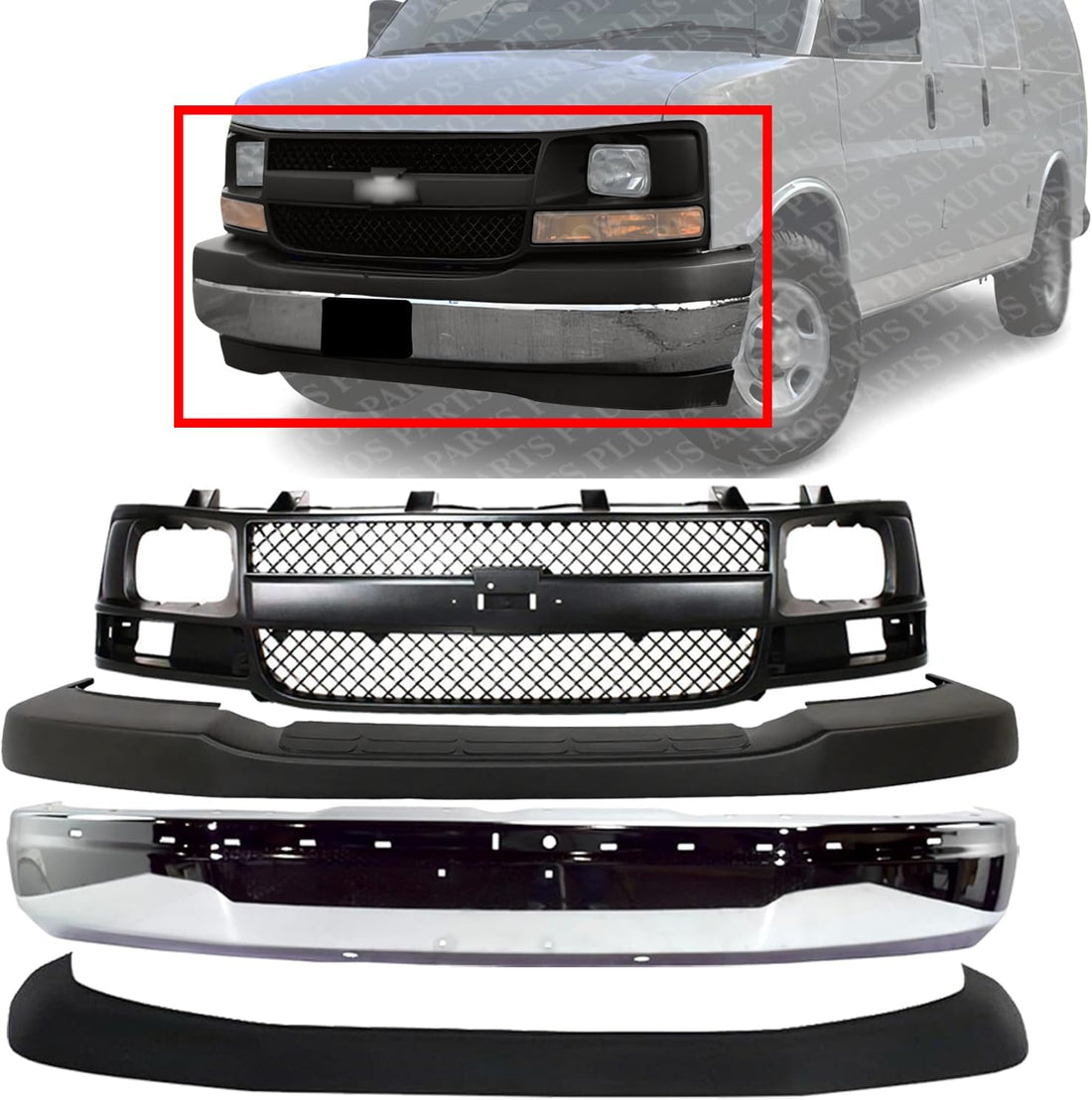 Front Bumper Face Bar Chrome + Grille + Upper Cover + Lower Valance Textured Direct Replacement Compatible With 2003-2014 Chevrolet Express/GMC Savana 1500/2003-2017 2500 3500