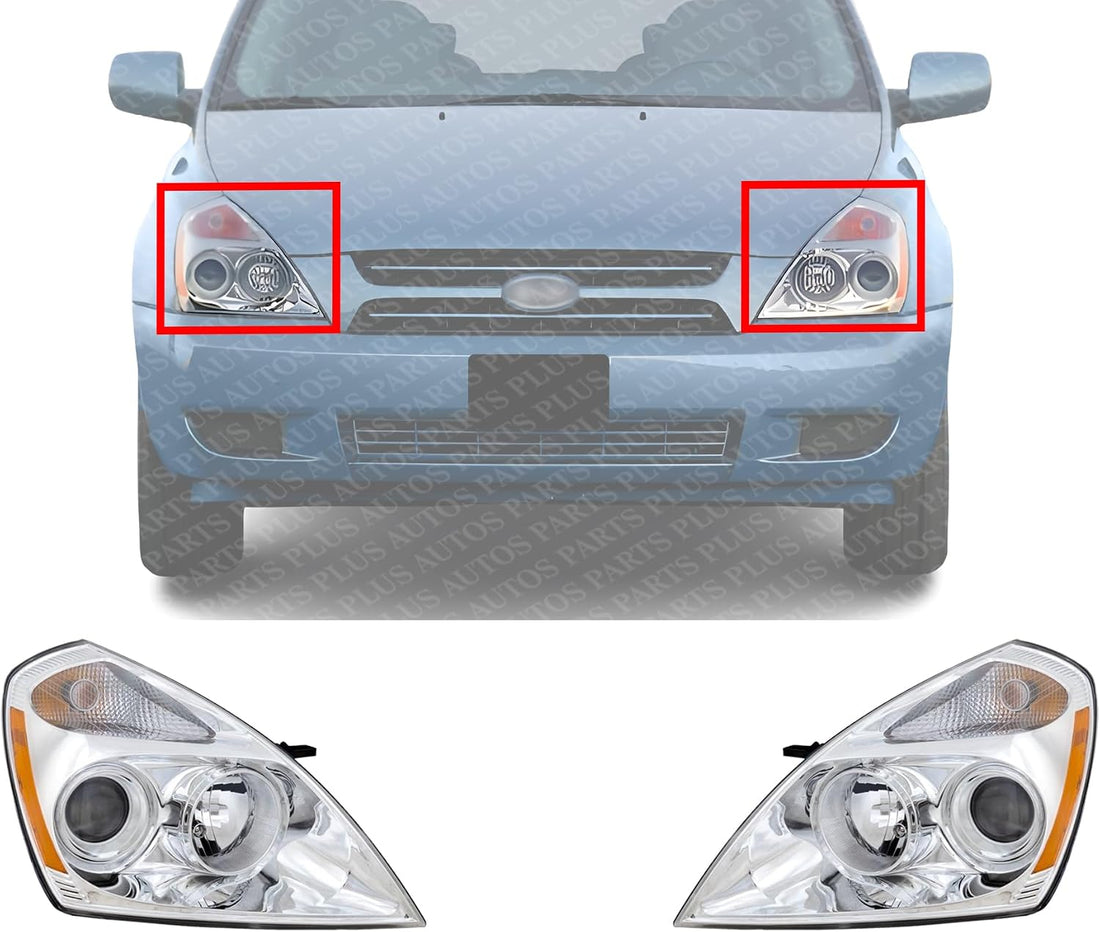 Set Of 2 Front Head Light Assembly Plastic Left Driver & Right Passenger Side Direct Replacement Compatible With 2006 Kia Sedona KI2502120 KI2503120 921014D010 921024D010