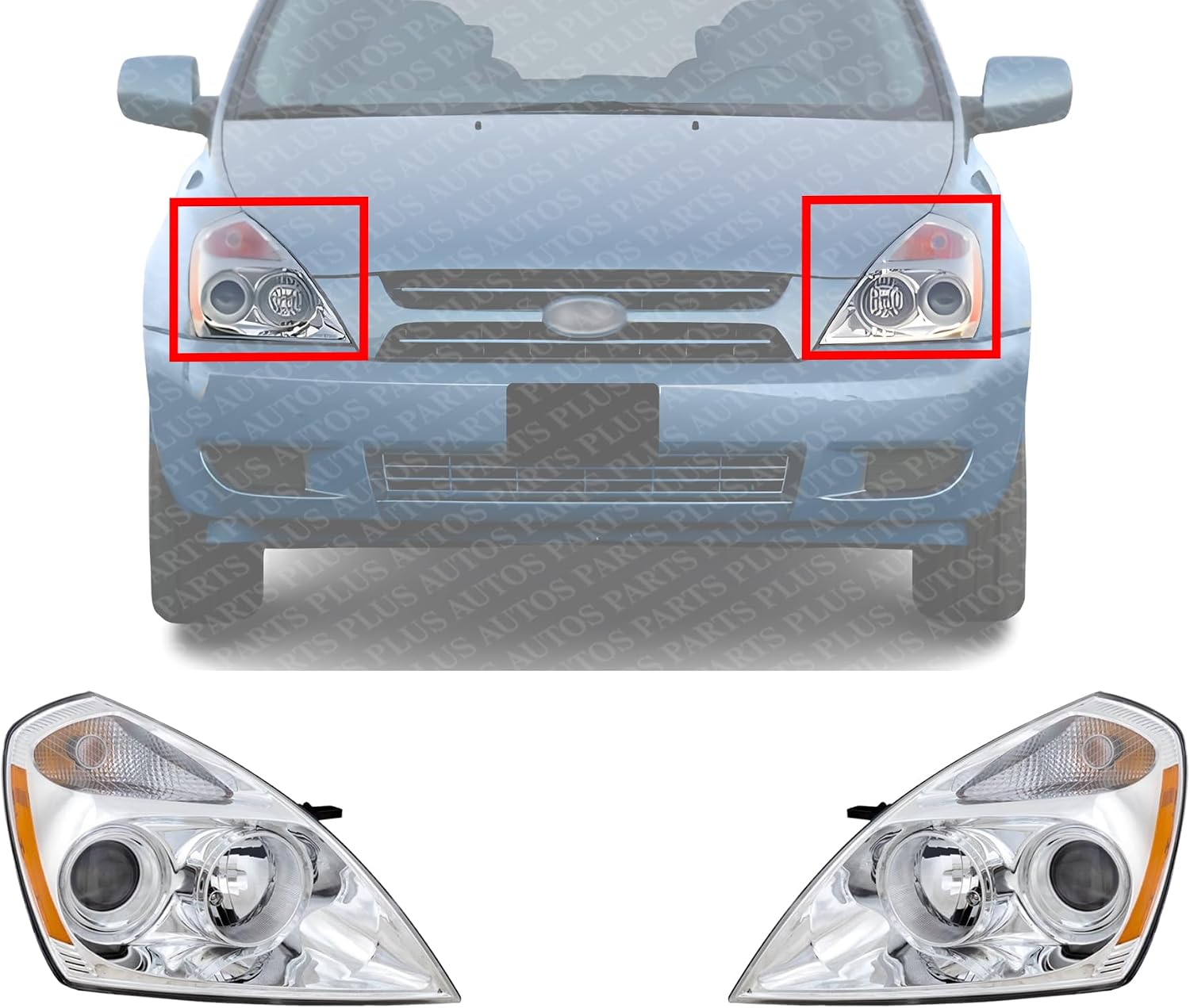 Set Of 2 Front Head Light Assembly Plastic Left Driver & Right Passenger Side Direct Replacement Compatible With 2006 Kia Sedona KI2502120 KI2503120 921014D010 921024D010