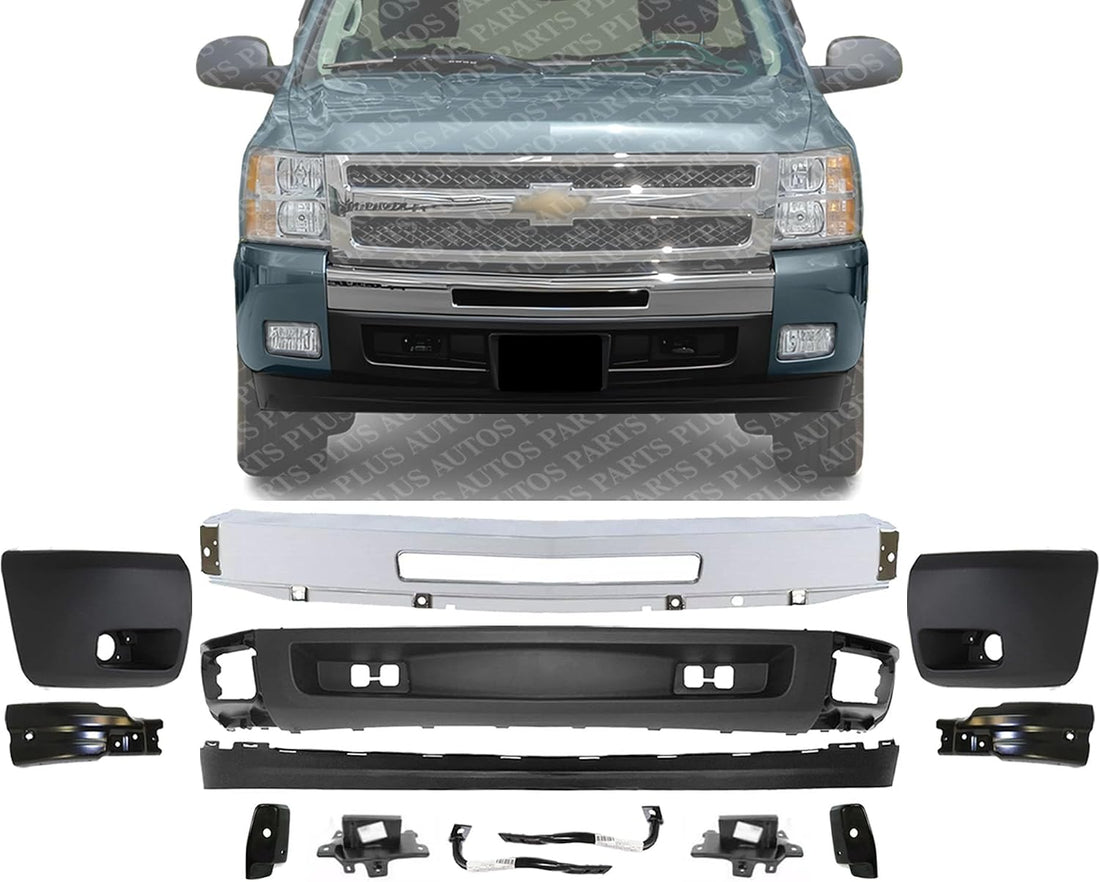 Front Bumper Chrome Steel + Lower Valance + Extension Textured + End Caps + Set of 8 Brackets Left & Right Side Direct Replacement Compatible With 2007-2013 Chevrolet Silverado 1500