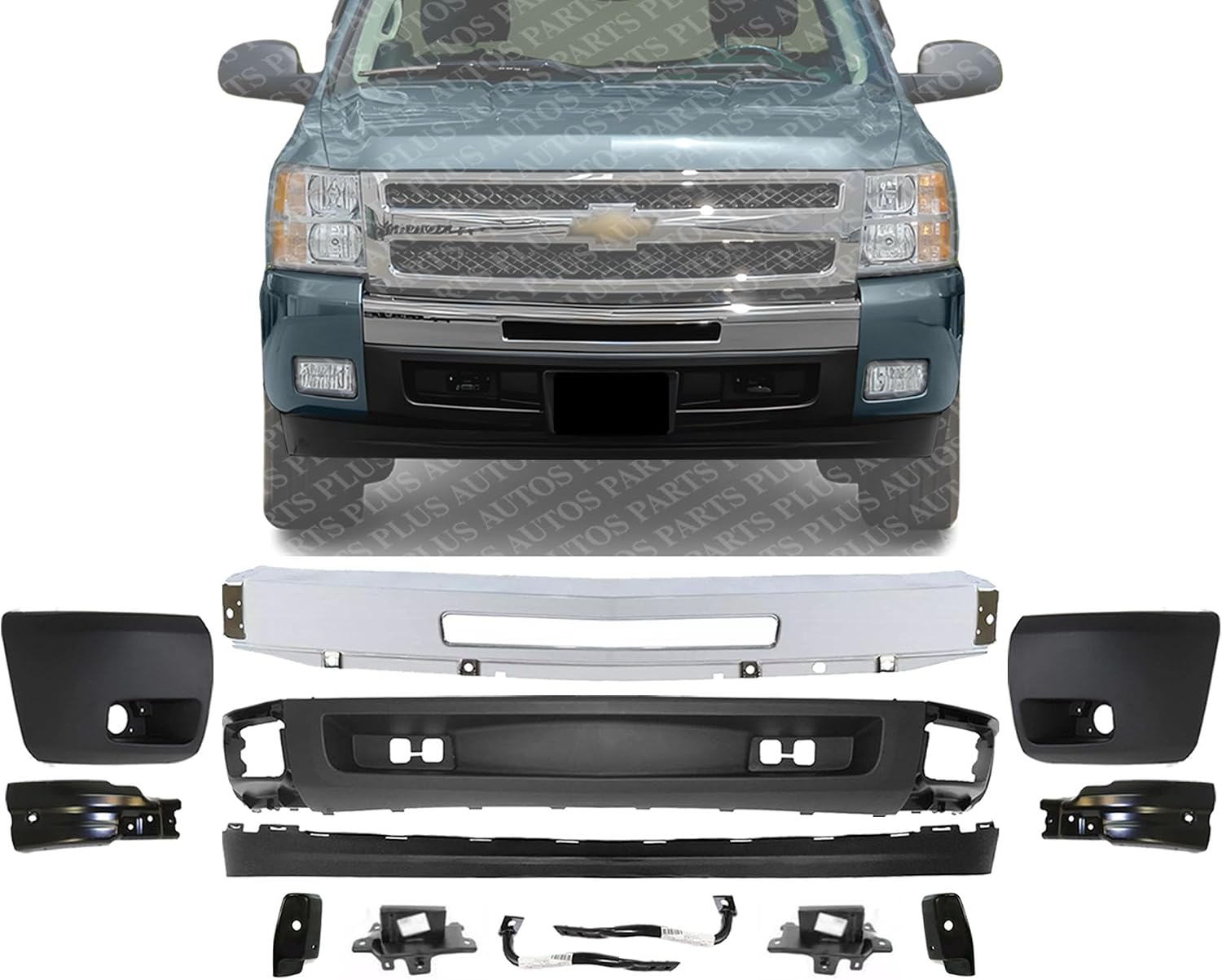 Front Bumper Chrome Steel + Lower Valance + Extension Textured + End Caps + Set of 8 Brackets Left & Right Side Direct Replacement Compatible With 2007-2013 Chevrolet Silverado 1500