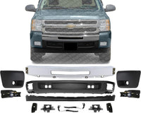 Front Bumper Chrome Steel + Lower Valance + Extension Textured + End Caps + Set of 8 Brackets Left & Right Side Direct Replacement Compatible With 2007-2013 Chevrolet Silverado 1500