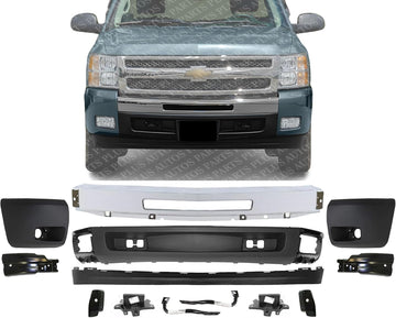 Front Bumper Chrome Steel + Lower Valance + Extension Textured + End Caps + Set of 8 Brackets Left & Right Side Direct Replacement Compatible With 2007-2013 Chevrolet Silverado 1500