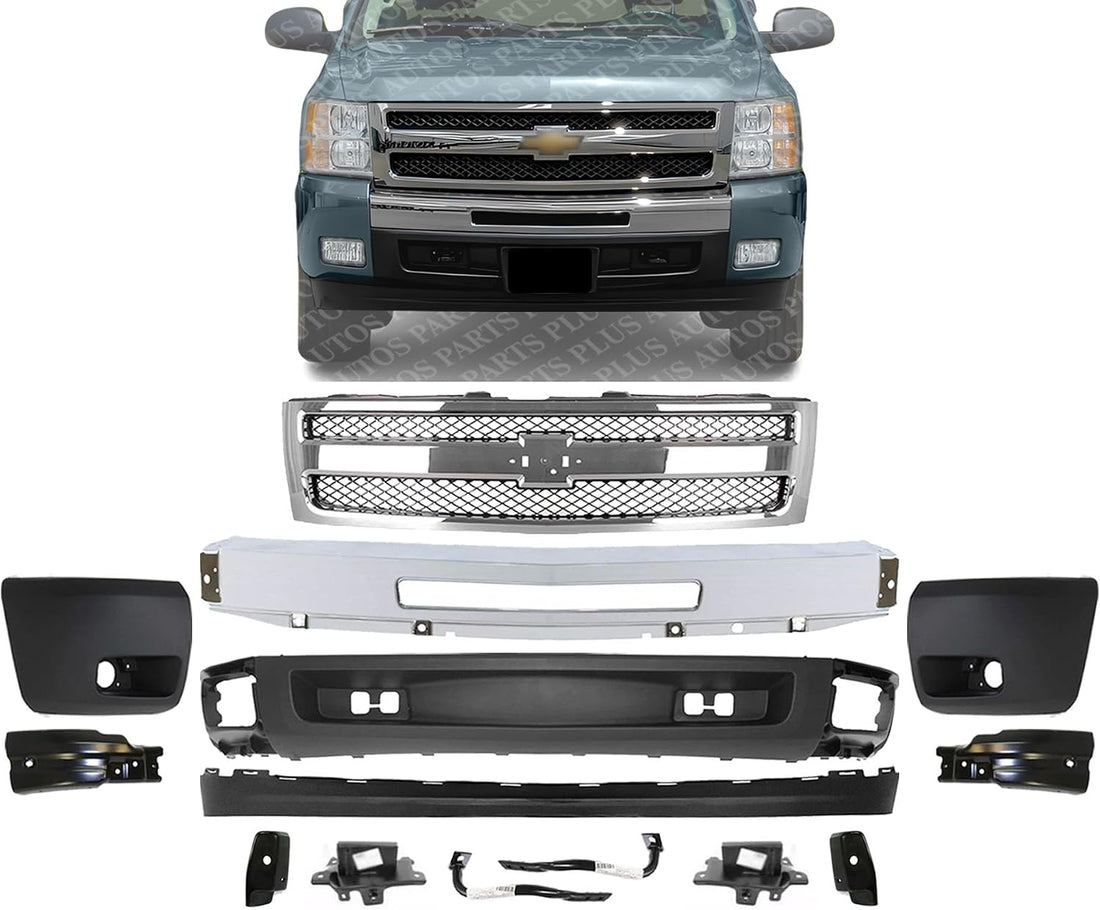 Front Bumper Chrome Steel + Grille + Lower Valance + Extension Textured + End Caps + Brackets Left & Right Side Direct Replacement Compatible With 2007-2013 Chevrolet Silverado 1500