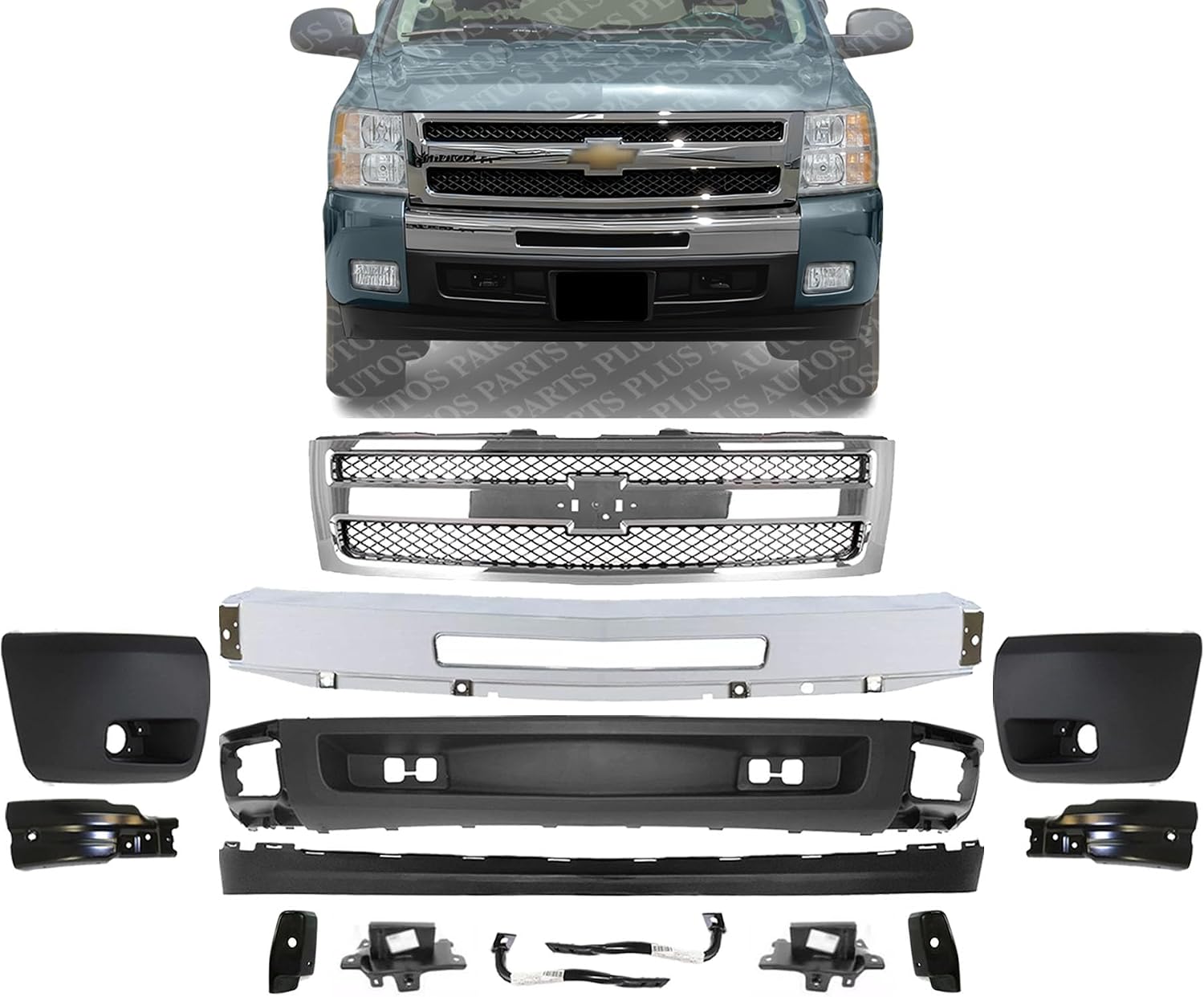 Front Bumper Chrome Steel + Grille + Lower Valance + Extension Textured + End Caps + Brackets Left & Right Side Direct Replacement Compatible With 2007-2013 Chevrolet Silverado 1500