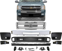 Front Bumper Chrome Steel + Grille + Lower Valance + Extension Textured + End Caps + Brackets Left & Right Side Direct Replacement Compatible With 2007-2013 Chevrolet Silverado 1500