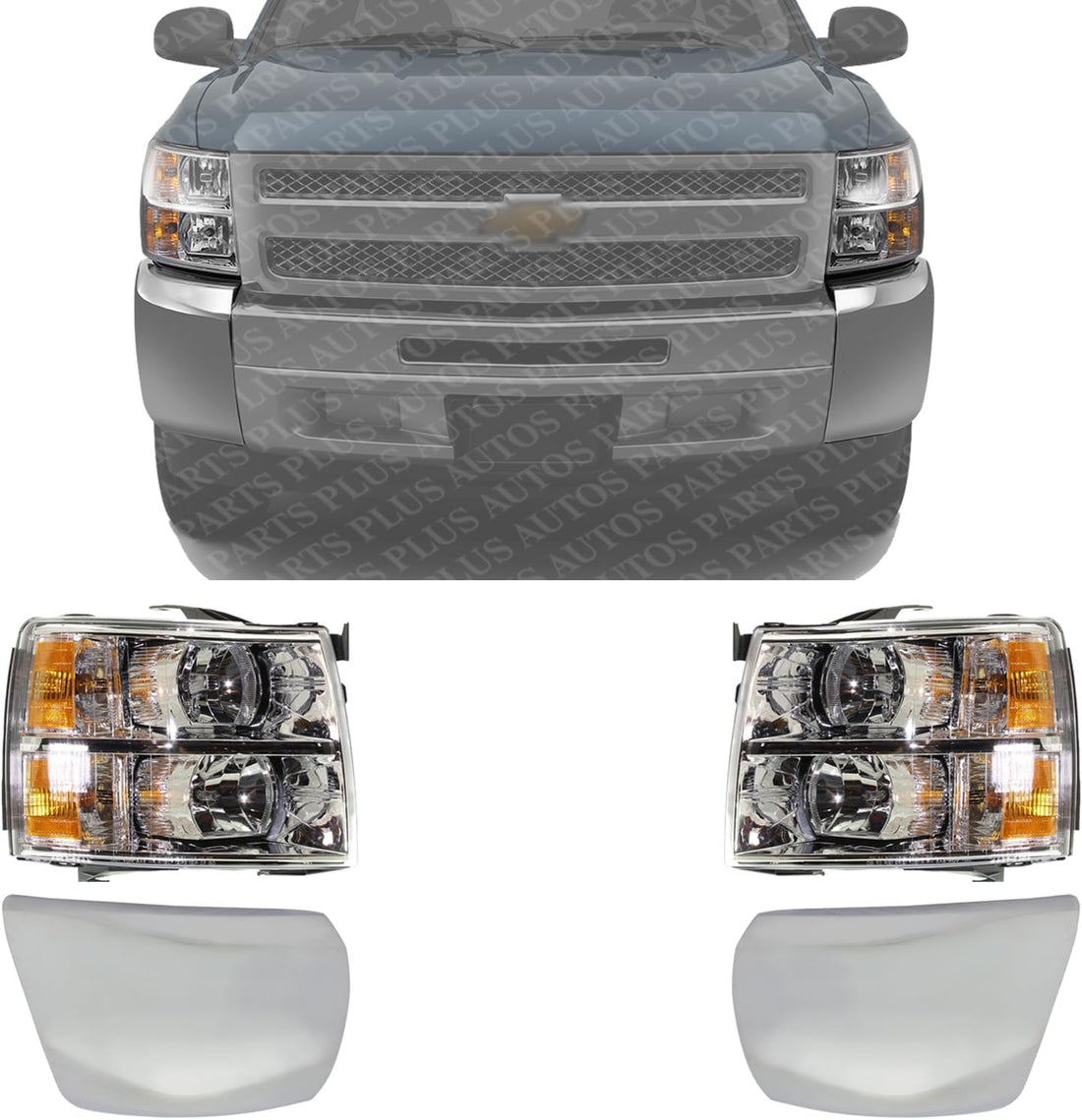 Front Bumper End Cap Chrome Without Fog Light Hole + Headlight Assembly Left Driver & Right Passenger Side Direct Replacement Compatible With 2007-2013 Chevrolet Silverado 1500