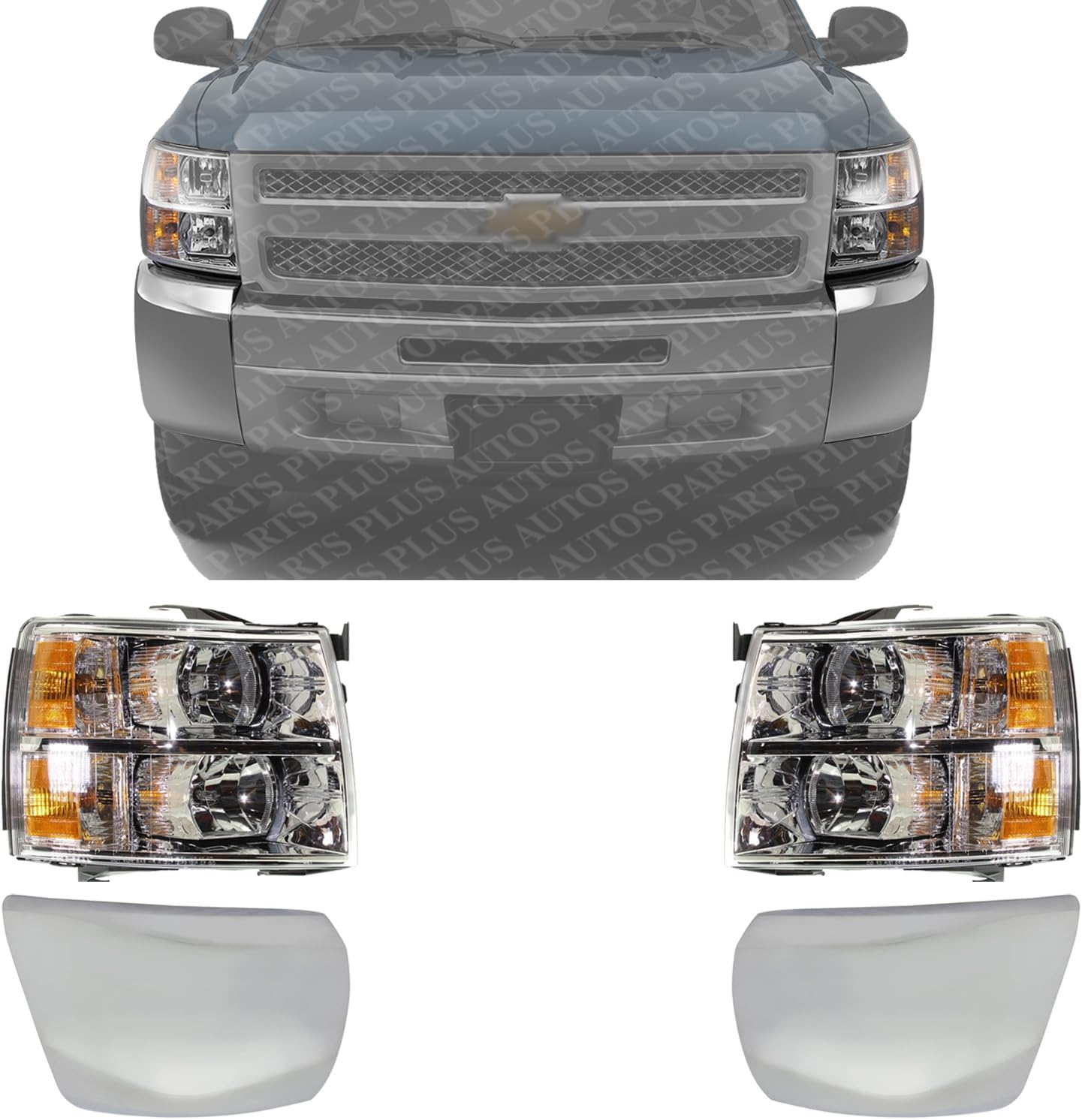 Front Bumper End Cap Chrome Without Fog Light Hole + Headlight Assembly Left Driver & Right Passenger Side Direct Replacement Compatible With 2007-2013 Chevrolet Silverado 1500