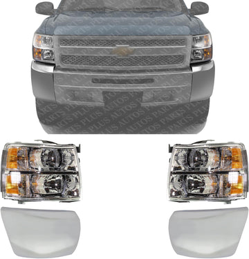 Front Bumper End Cap Chrome Without Fog Light Hole + Headlight Assembly Left Driver & Right Passenger Side Direct Replacement Compatible With 2007-2013 Chevrolet Silverado 1500