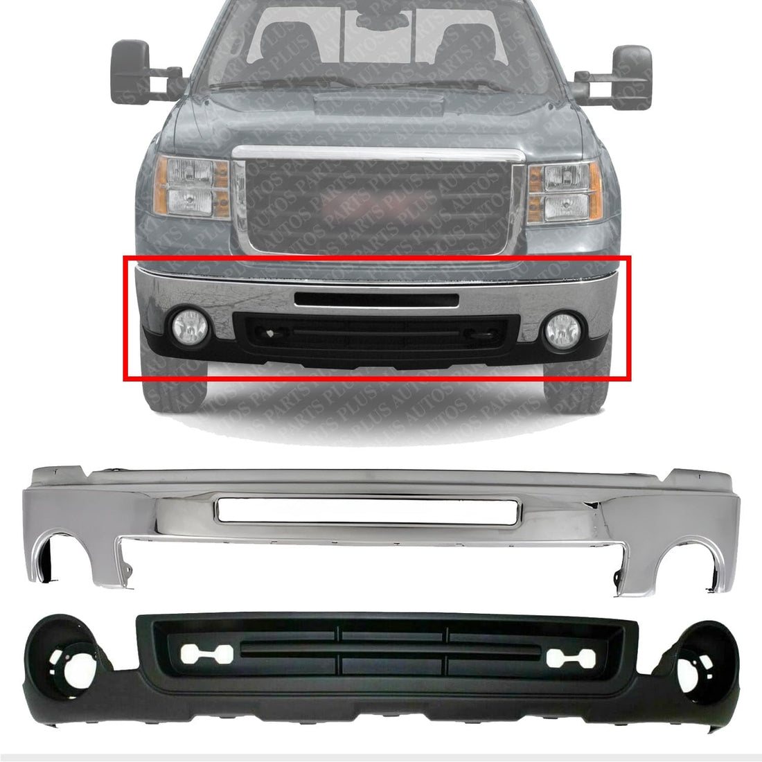 Front Front Bumper Chrome with Air Hole + Lower Valance Air Deflector Primed Direct Replacement Compatible With GMC Sierra 2500HD 3500HD 2007-2010 GM1092218 GM1002834