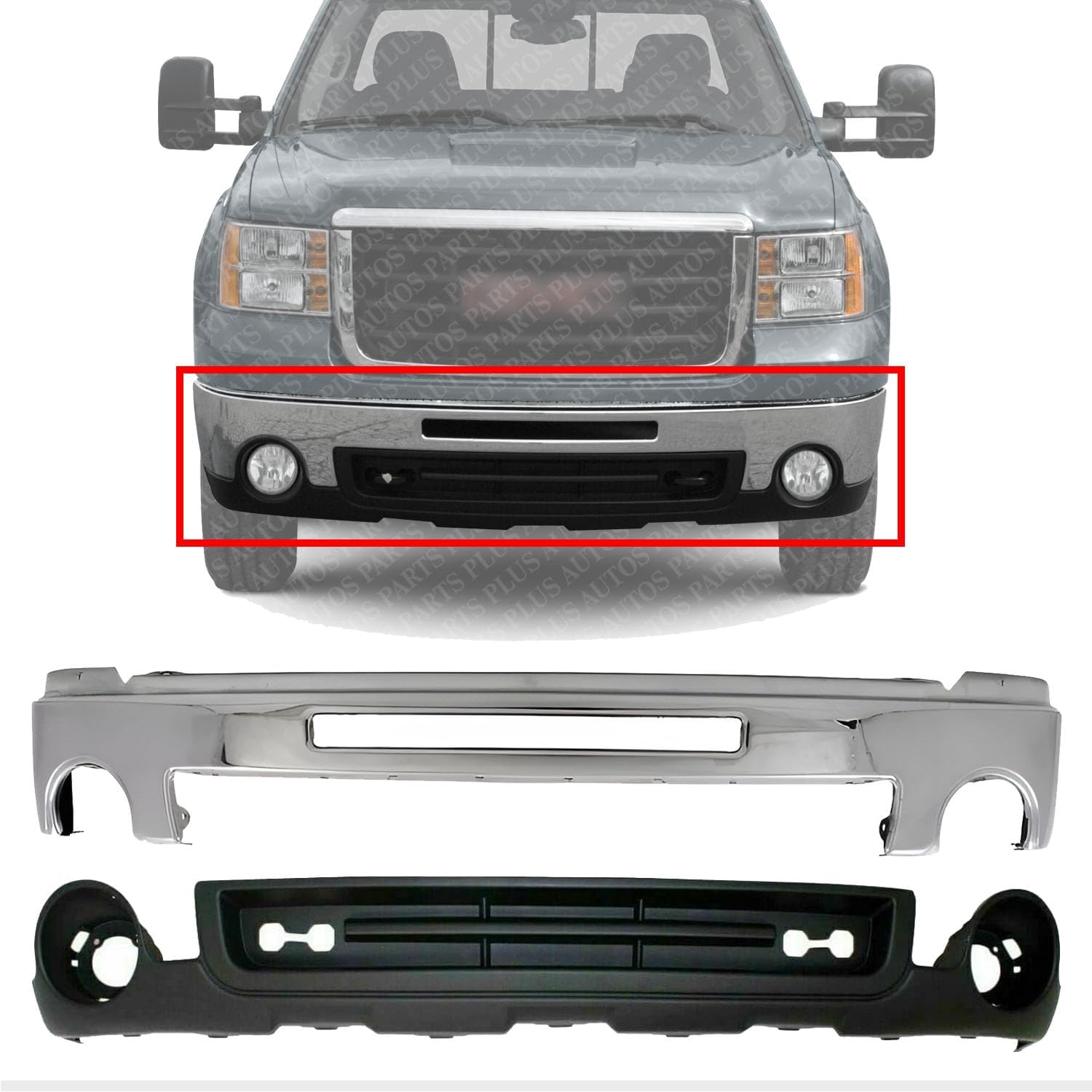Front Front Bumper Chrome with Air Hole + Lower Valance Air Deflector Primed Direct Replacement Compatible With GMC Sierra 2500HD 3500HD 2007-2010 GM1092218 GM1002834