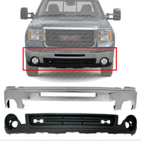 Front Front Bumper Chrome with Air Hole + Lower Valance Air Deflector Primed Direct Replacement Compatible With GMC Sierra 2500HD 3500HD 2007-2010 GM1092218 GM1002834