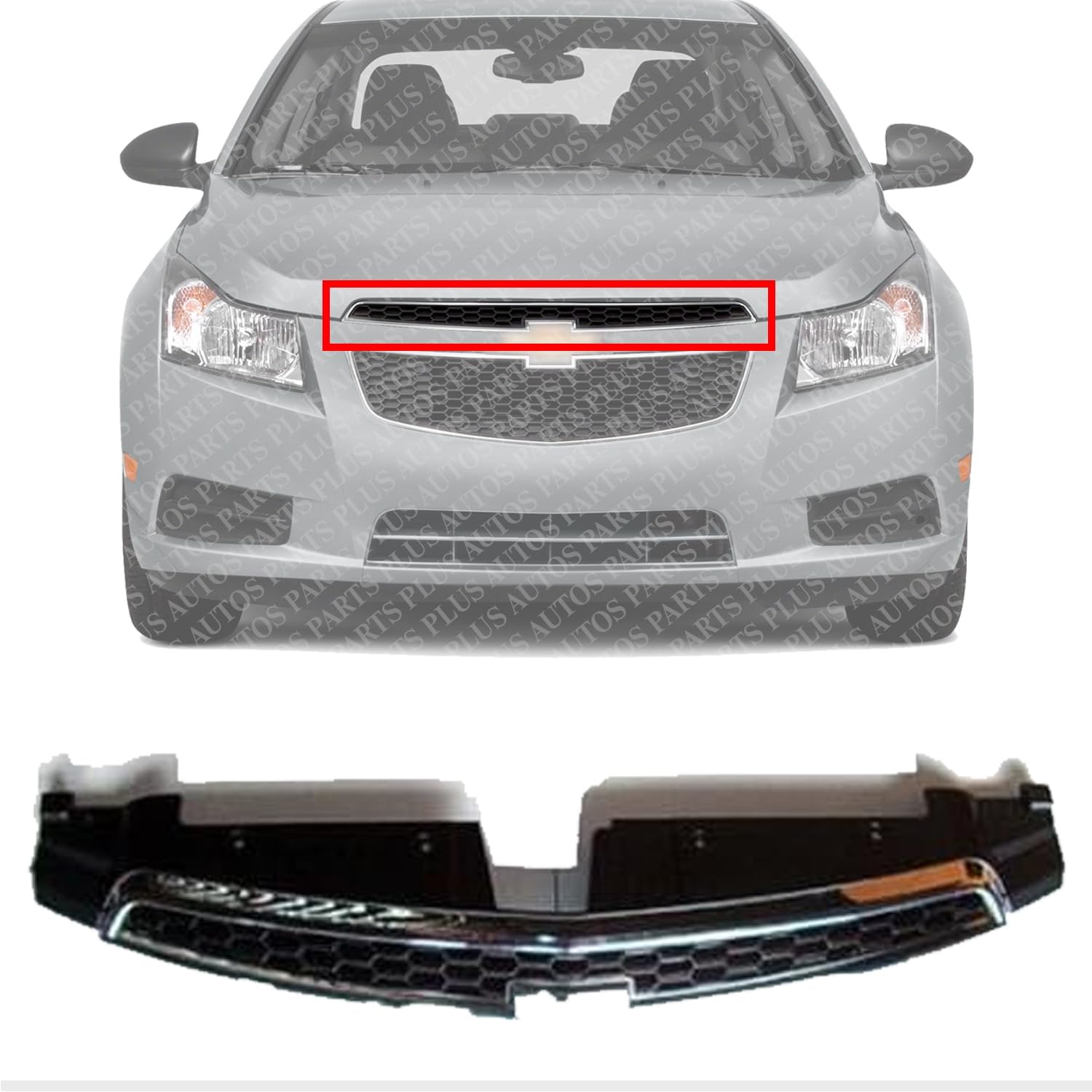 Front Upper Grille Chrome Shell/Painted Black Insert Direct Replacement Compatible With 2011-2014 Chevrolet Cruze GM1200623 96981100