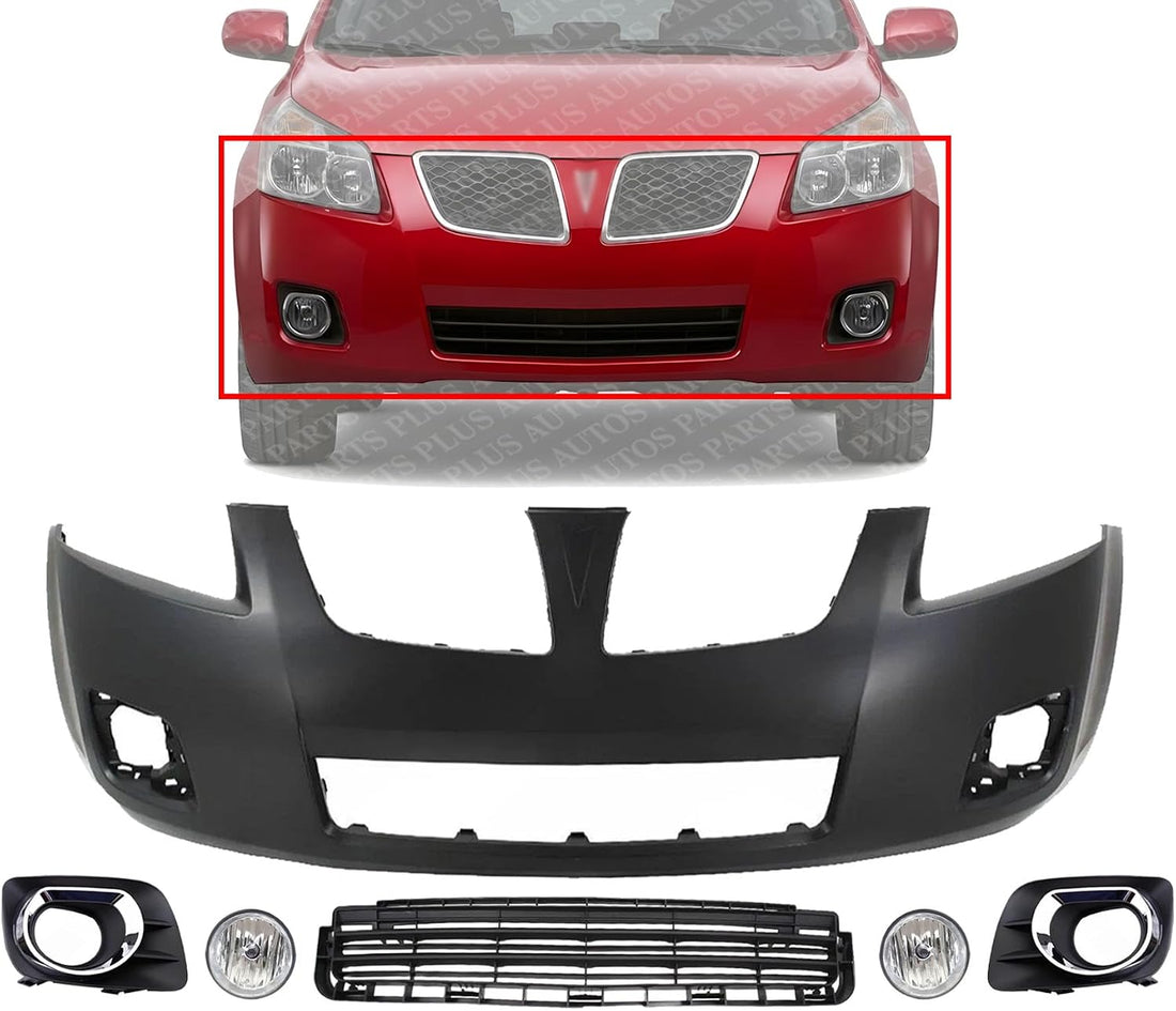 Front Bumper Cover Primed Plastic + Lower Center Grille + Fog Lights + Trim Left Driver & Right Passenger Side Replacement Compatible With 2009-2010 Pontiac Vibe